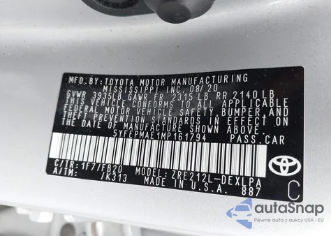 2021 Toyota Corolla Le z USA, uszkodzony, nr VIN 5YFEPMAE1MP161794